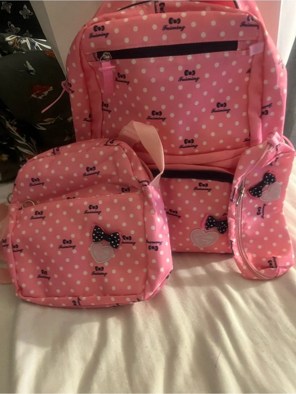 Kids Pink Polka Dot Backpack Set with Bow Accent and Matching Pouch
